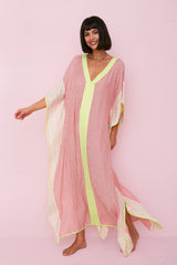 Petite multicolor contrast striped thobe by pītusa, featuring a traditional long Islamic garment with bold stripe patterns.