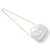 Pink girls tweed jumbo pearl bow handbag with gold chain strap from Tiny Treats and ZOMI GEMS.