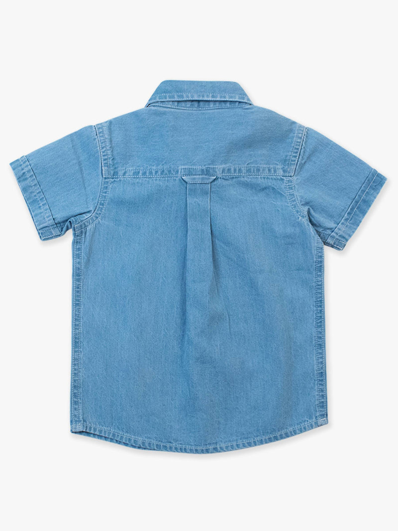 Boys Light Wash Denim Short Sleeve Button Down Shirt: Blue