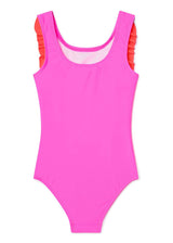 Neon pink and red ruffle swimsuit by Stella Cove featuring a stylish design with ruffled details and bright, vibrant colors.