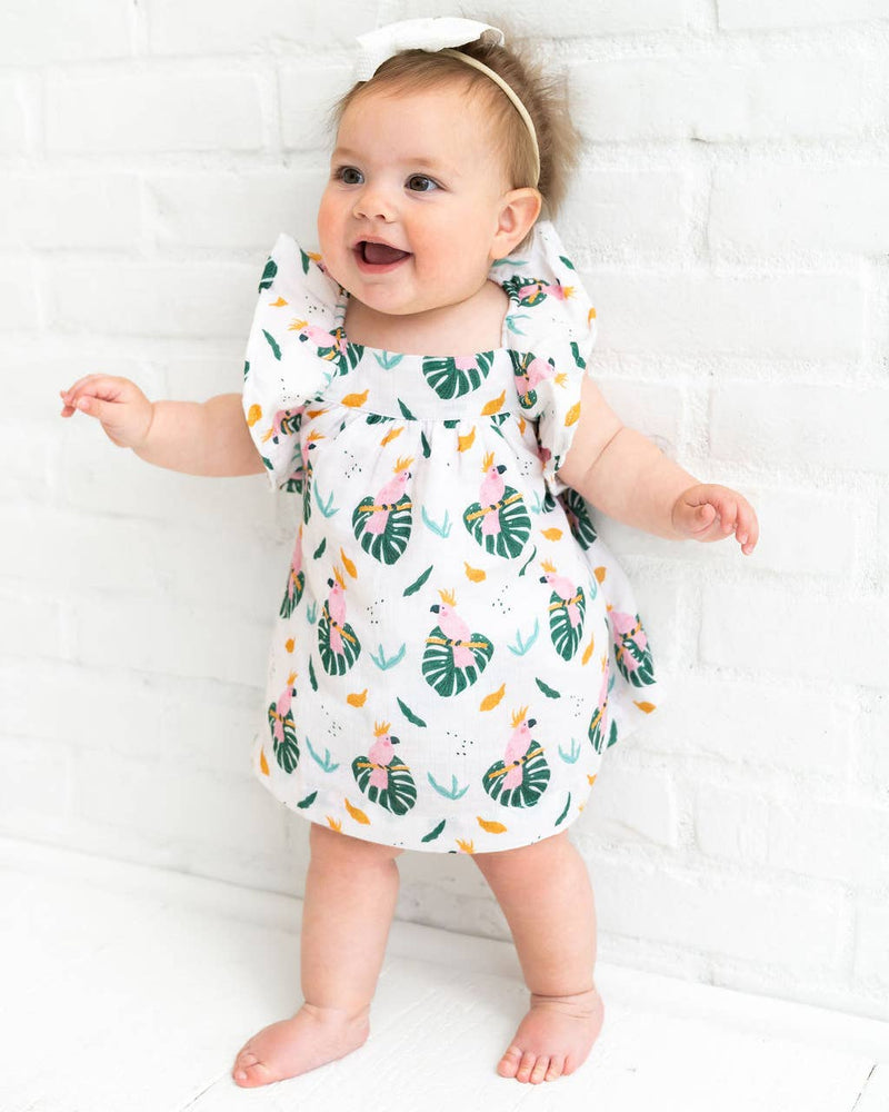 Parrot Ruffle Sleeve Baby Dress + Bloomer (Organic Muslin): LIGHT PINK