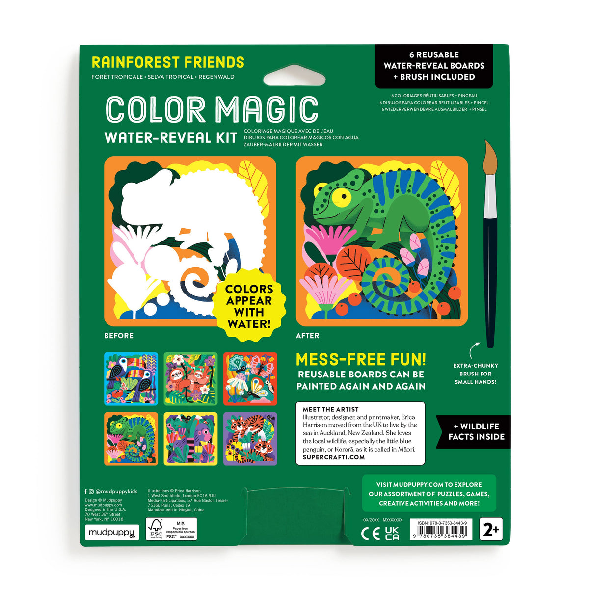 Rainforest Friends Color Magic Water-Reveal Kit by Chronicle Books showing colorful rainforest animals and water reveal artwork on paper.
