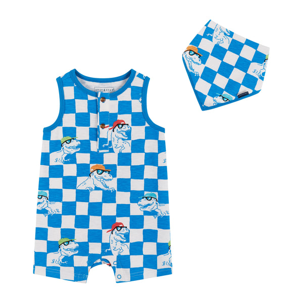 Boys Baby Blue Check Dino Knit Tank Romper w/ Matching Bib