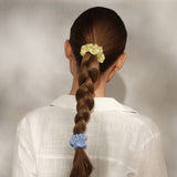 Set of five KITSCH ruched satin scrunchies in vibrant multi-color, soft and shiny fabric for hair styling.
