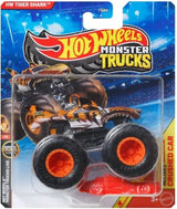 Hot Wheels Monster Trucks 2026 by Mattel, featuring colorful, detailed toy trucks on a display surface.