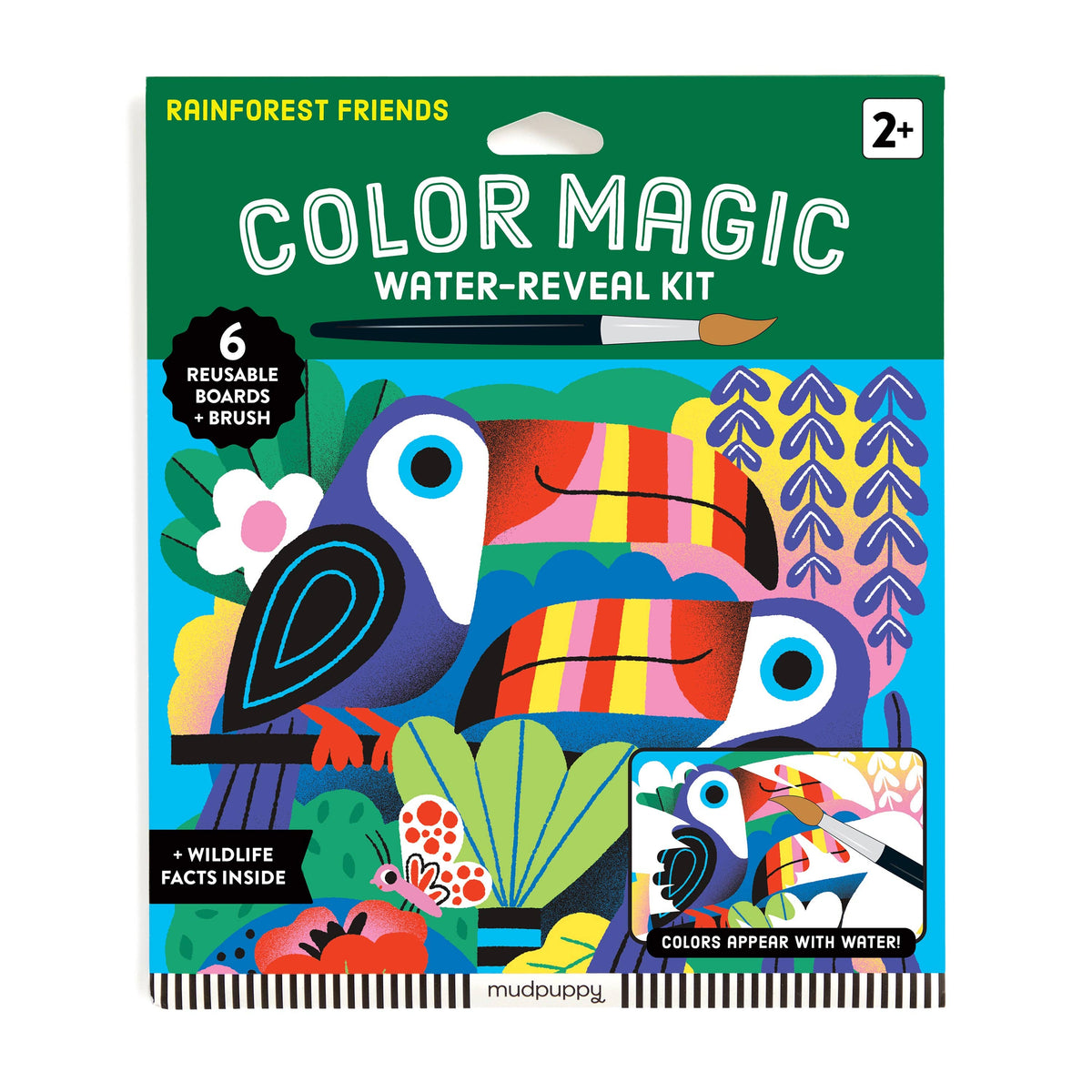 Rainforest Friends Color Magic Water-Reveal Kit by Chronicle Books showing colorful rainforest animal illustrations and water reveal pages.