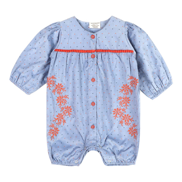 Floral Embroidered Corduroy Bubble Baby Romper (Organic): Coral Blue