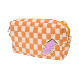 Checkered Cosmetic Bag w/ Glitter Chenile Patches for Tweens: Blue/White