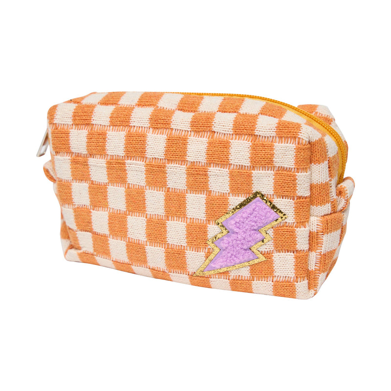 Checkered Cosmetic Bag w/ Glitter Chenile Patches for Tweens: Blue/White