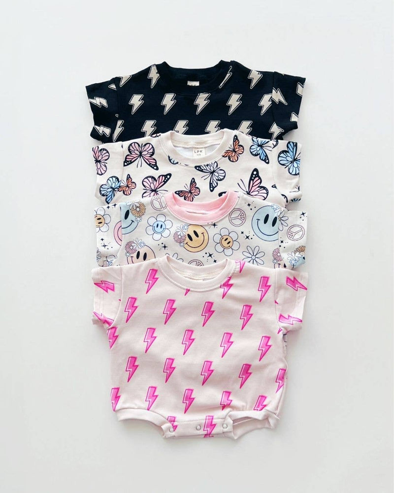 Short Sleeve Bubble Romper | Pink Bolts: 12-18M