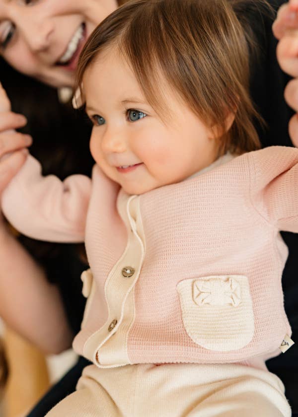 Lily Bow Pockets Sweater Knit Baby Cardigan: Rosewood Pink / 3-6M