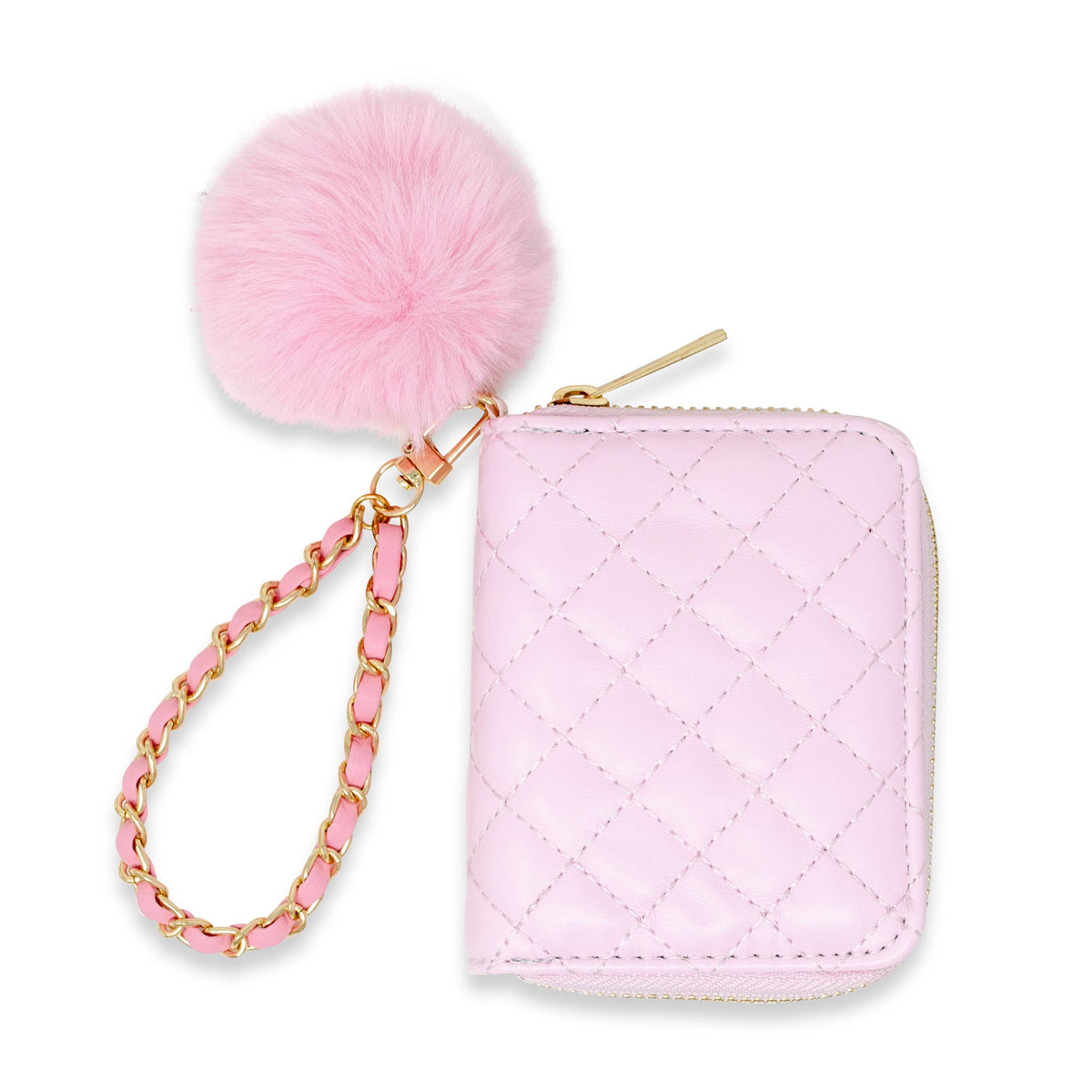 Quilted Chain Strap Wallet with Pom-Pom: White