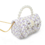 Pink girls tweed jumbo pearl bow handbag from Tiny Treats and ZOMI GEMS with stylish design and decorative pearl accents.