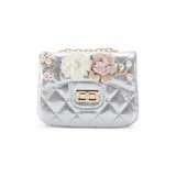 B1222 Floral Appliques Shinny Quilted Purse (5 Colors): PEWTER