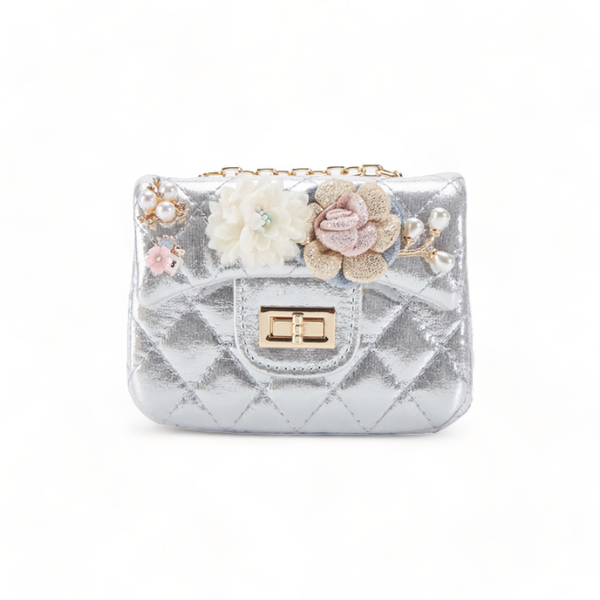 B1222 Floral Appliques Shinny Quilted Purse (5 Colors): PEWTER