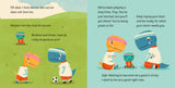 Tiny T. Rex Tries Soccer book by Chronicle Books featuring a colorful illustration of a tiny T. Rex playing soccer.
