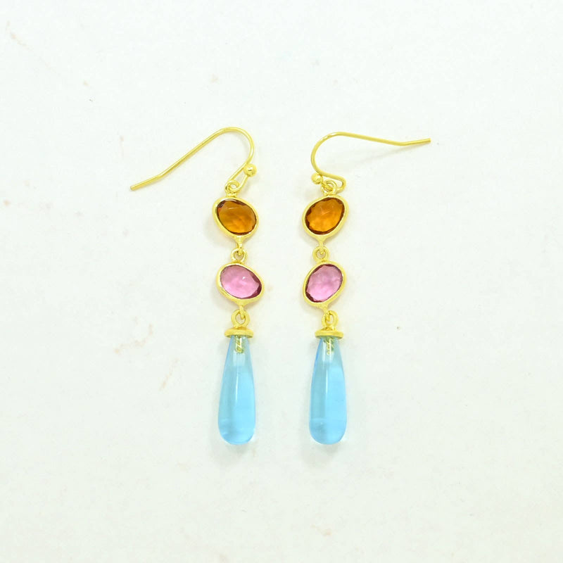 Raya Earring Gold Plated - Blue Topaz & Pink Tourmaline