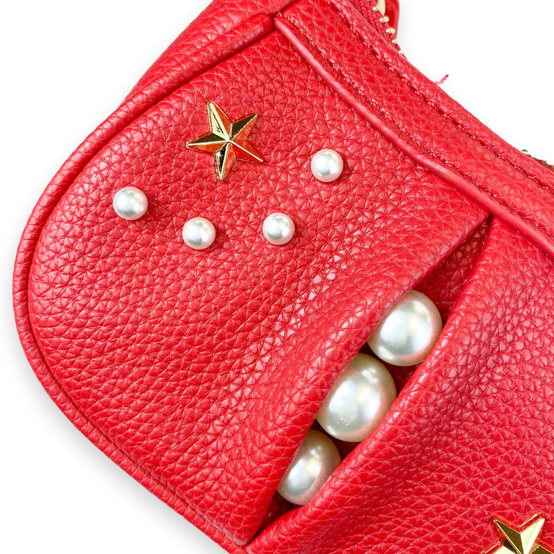 B1310 Pearl Studs Mini Leather Shoulder Bag: Fuchsia