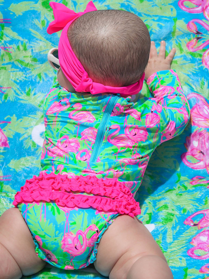 Baby Girls Neon Flamingo Long Sleeve One Piece Rash Guard Swimsuit with Signature Rear Ruffles: Blue / 0-3m