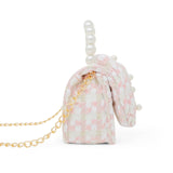 Pink girls' tweed jumbo pearl bow handbag by Tiny Treats and ZOMI GEMS with stylish bow and pearl accents.