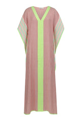 Petite contrast striped thobe in multicolor, featuring bold vertical stripes, made by pītusa, displayed on a hanger.