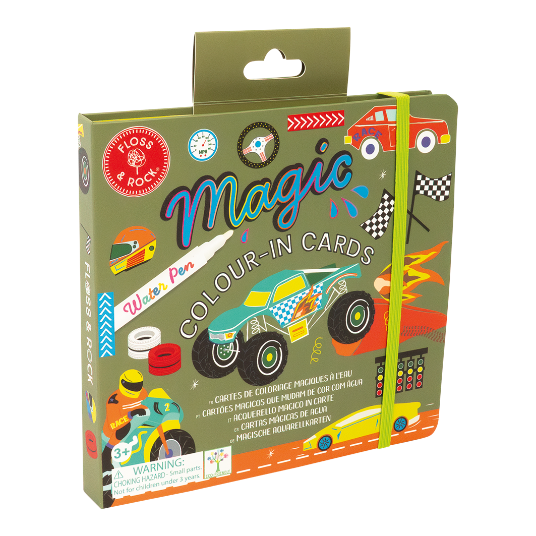 Color-changing water cards featuring cars from Floss and Rock, with vibrant vehicle illustrations and magic water effect.