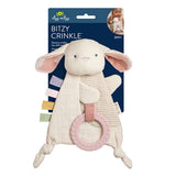 Itzy Ritzy Bitzy Crinkle Sensory Toy with Teether in Dino design, soft fabric, crinkle texture, and teething features for babies.
