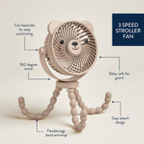 Itzy Breeze 3-Speed Stroller Fan by Itzy Ritzy, compact black fan with adjustable speeds, attached to a stroller handle for cooling.