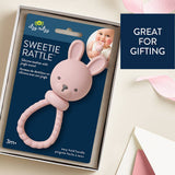 Pink Bunny Sweetie Rattle by Itzy Ritzy, soft plush toy with a cute bunny design and gentle rattling sound for babies.