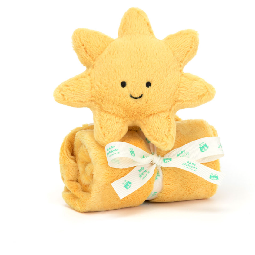 Jelly Cat Amuseables Sun Soother plush toy with a bright yellow sun face and soft fabric, designed for comfort and cuddling.