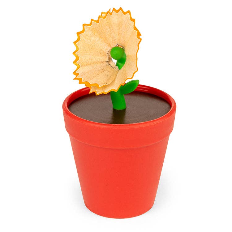 Kikkerland Design Inc flower pot-shaped pencil sharpener with a colorful, decorative flower design on a white background.