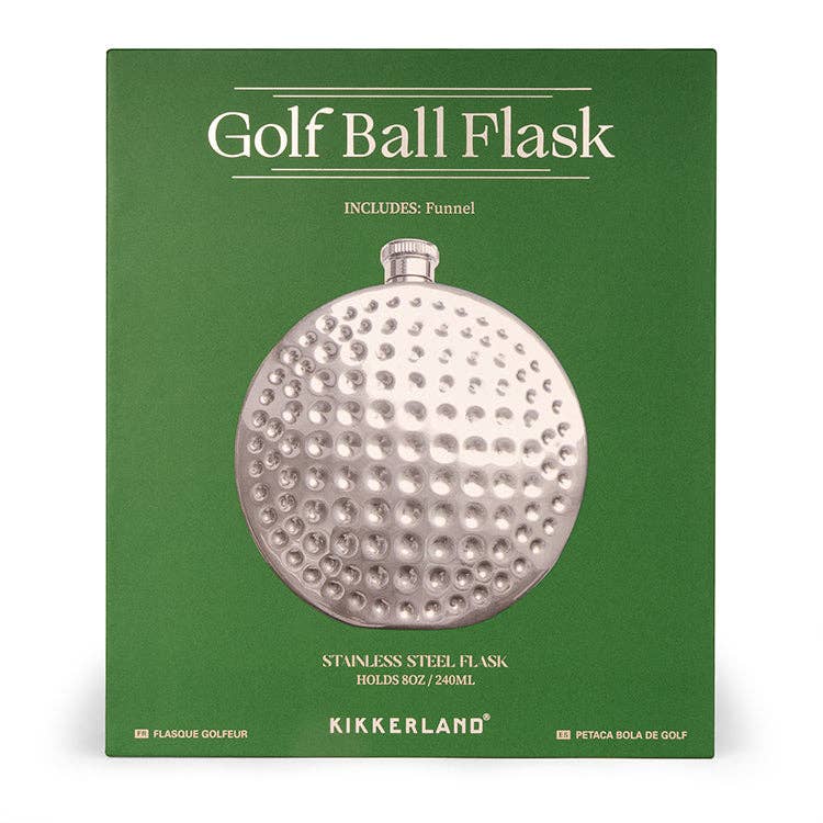 Kikkerland Design Inc golf ball flask with realistic golf ball appearance and metal cap, perfect for outdoor use and carrying drinks.