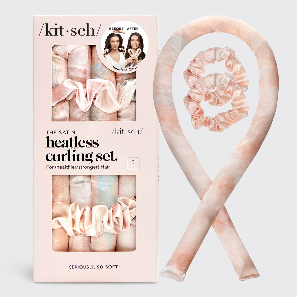 KITSCH satin heatless curling set in sunset tie-dye pattern, showcasing soft satin curlers for gentle, heat-free styling.