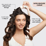 KITSCH satin heatless curling set with sunset tie-dye pattern, shown with curlers and styling accessories for easy, damage-free curls.