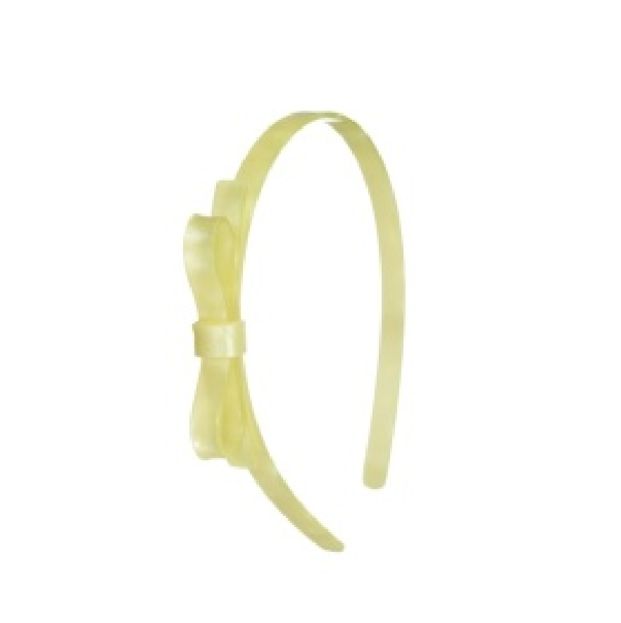Yellow satin headband with a thin bow from Lilies & Roses NY, featuring a stylish and elegant design.