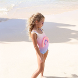 Ombre rainbow swimsuit by Lola And The Boys featuring vibrant colors and a stylish one-piece design for kids.