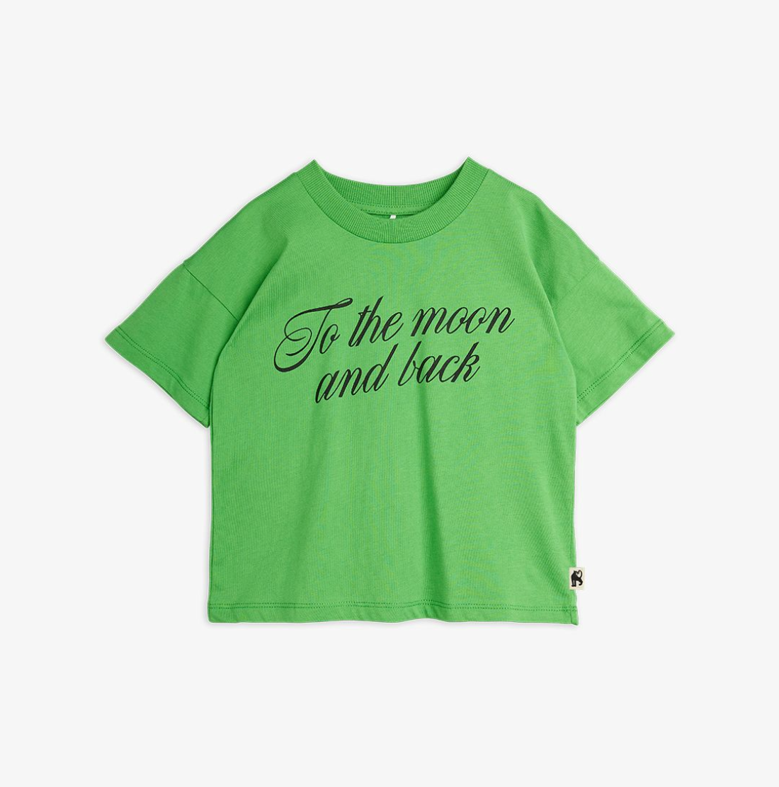 Mini Rodini children's green "To The Moon" tee featuring a playful moon print, perfect for casual wear.