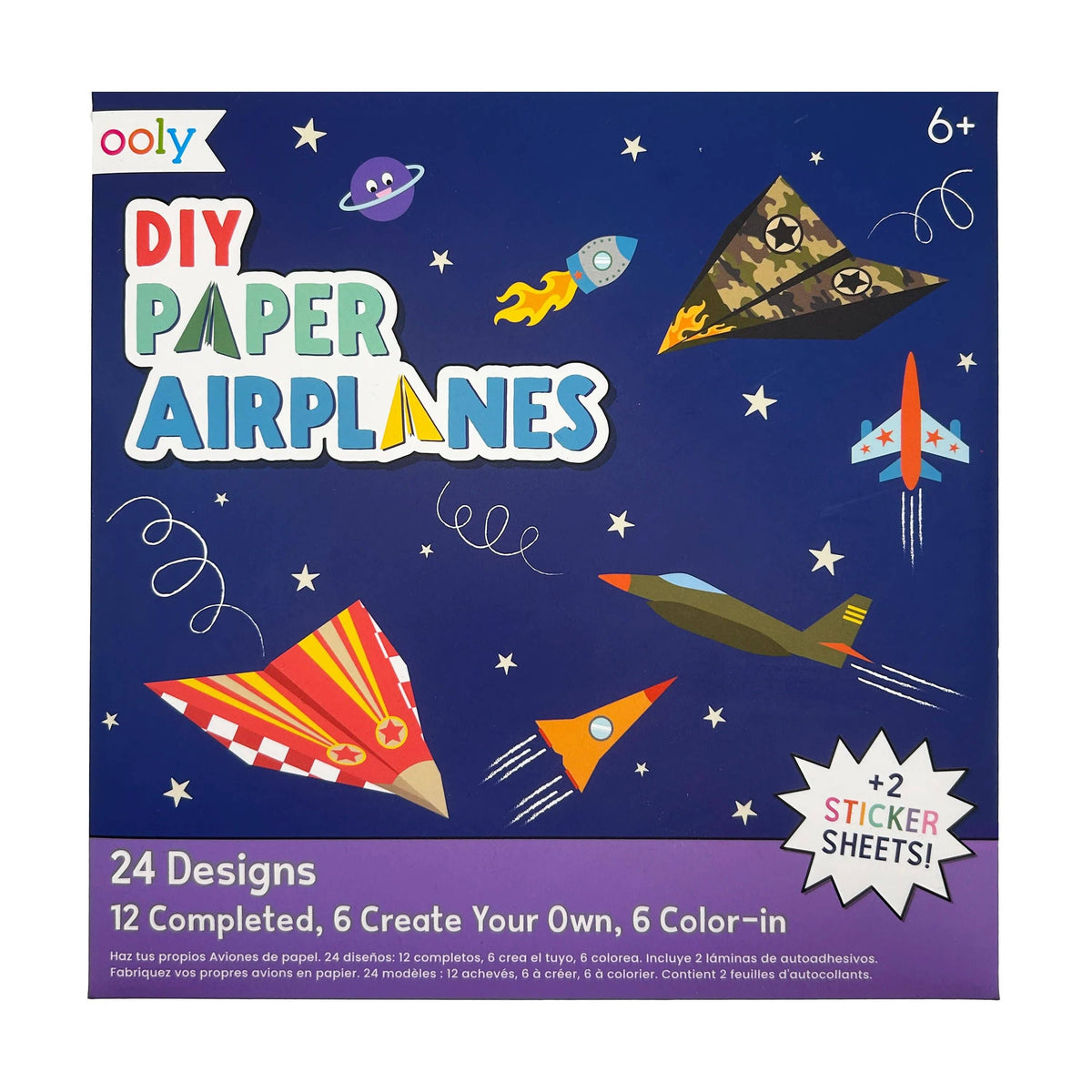 Set of 24 DIY paper airplane designs from OOLY activity kit, featuring colorful paper and folding instructions.