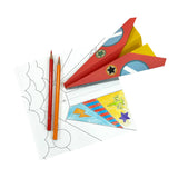 Set of 24 paper airplane designs from OOLY D.I.Y. Paper Air Planes Activity Kit, featuring colorful, folded paper planes.