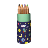 Set of OOLY Draw 'n' Doodle mini colored pencils with a sharpener, featuring vibrant colors and compact design for creative drawing.