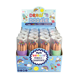 Set of OOLY Draw 'n' Doodle mini colored pencils with a small sharpener, featuring vibrant colors for creative drawing.