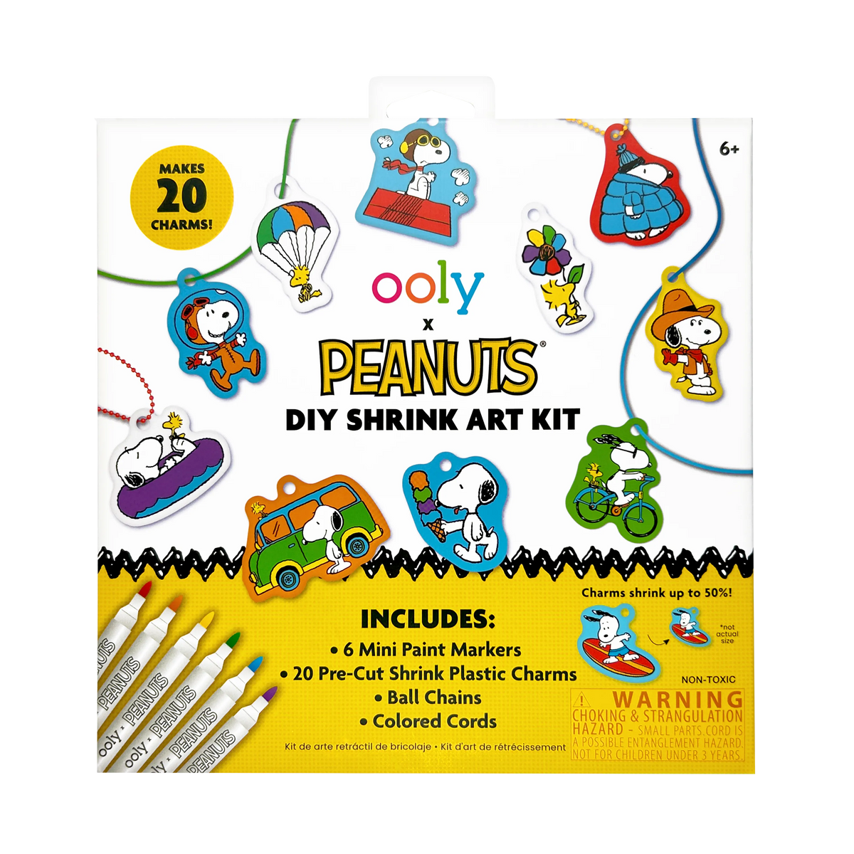 OOLY x Peanuts DIY Shrink Art Kit featuring Peanuts characters and supplies for creating personalized shrink art projects.
