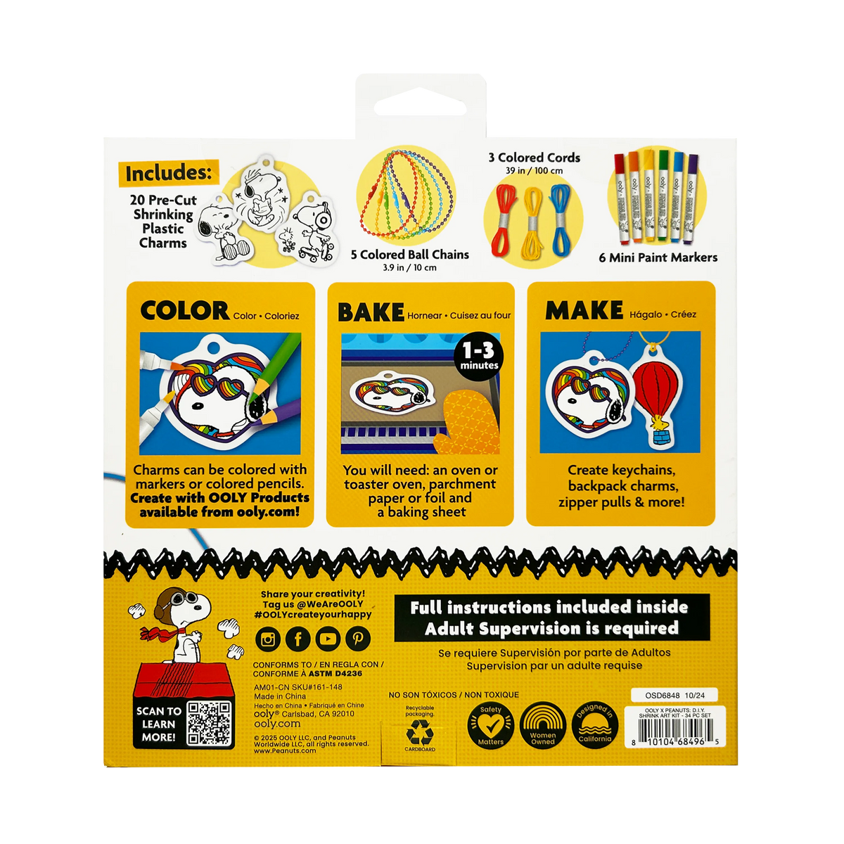 OOLY x Peanuts DIY Shrink Art Kit with colorful supplies and Peanuts characters for creative shrink plastic projects.