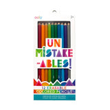 Set of OOLY Un-Mistake-Ables erasable colored pencils with vibrant hues and ergonomic design for easy coloring and editing.