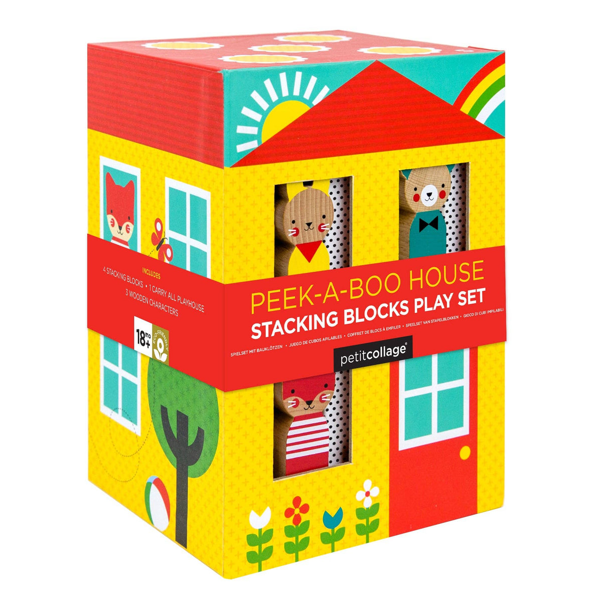 Colorful Peek-A-Boo House stacking blocks play set by Petit Collage with cheerful house-shaped pieces and stacking features.