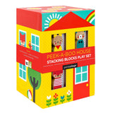 Colorful Peek-A-Boo House stacking blocks play set by Petit Collage with cheerful house-shaped pieces and stacking features.