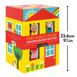 Colorful Peek-A-Boo House stacking blocks play set by Petit Collage with various house-shaped pieces for creative play