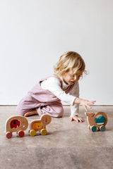 Wooden push-along lion toy by Petit Collage featuring a friendly lion figure with a wooden handle for toddlers to pull.