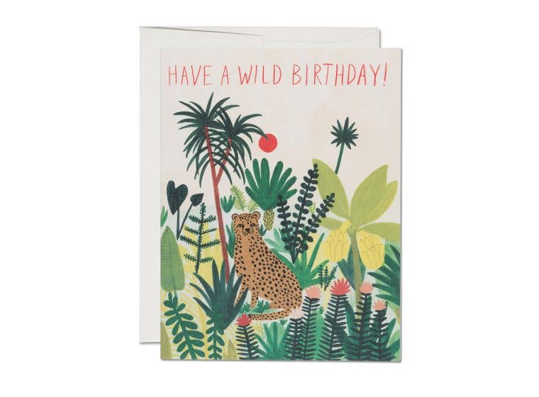 Cheetah birthday greeting card by Red Cap Cards featuring a stylish cheetah illustration on a festive design.