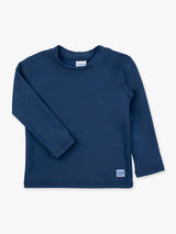 Baby boys navy long sleeve rash guard by RuffleButts + RuggedButts, featuring blue fabric and sun protection for infants.
